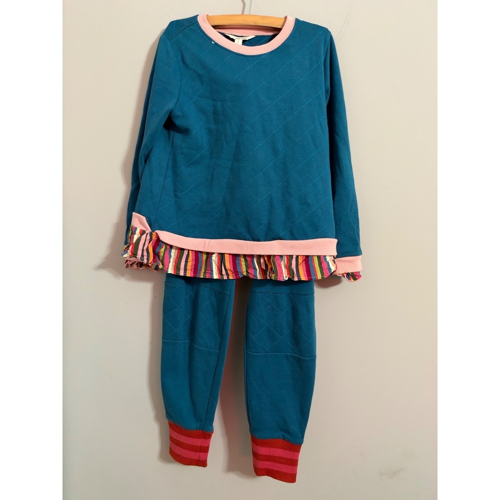 Matilda Jane Quilted Sweatshirt Jogger Set Kids Size 10 Teal Pink Ruffle Stripe